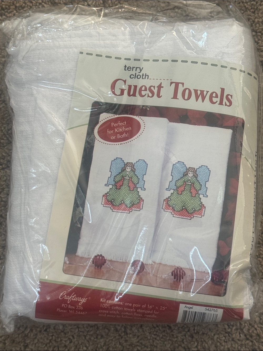Craft White Guest Towels with Green and Blue Angel Cross-Stitch